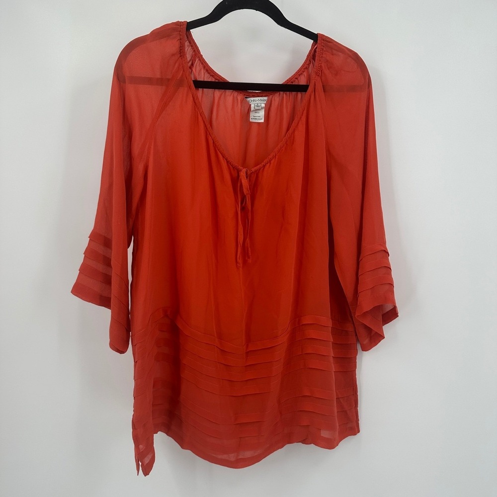 John Mark Womens Boho Lagenlook Silk Top Size L Orange Romantic Gauzy Artsy